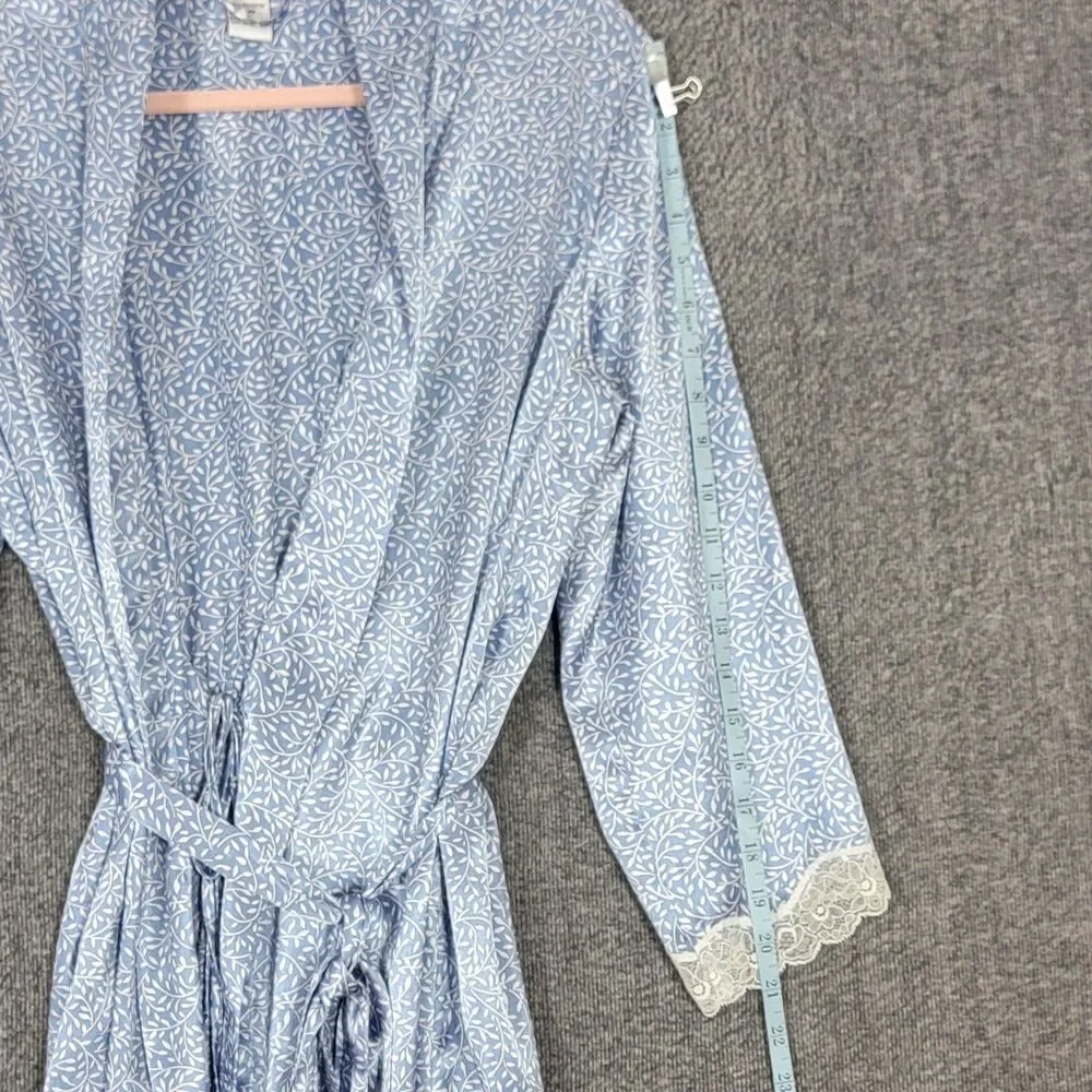 Vintage Morgan Taylor Intimates Robe XS Blue White Floral Satin 3/4 Sleeve Belt